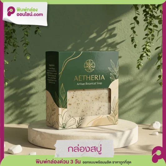 สบู่สมุนไพร AETHERIA ในกล่องสีเขียวทอง วางบนแท่นหินตกแต่งด้วยใบไม้