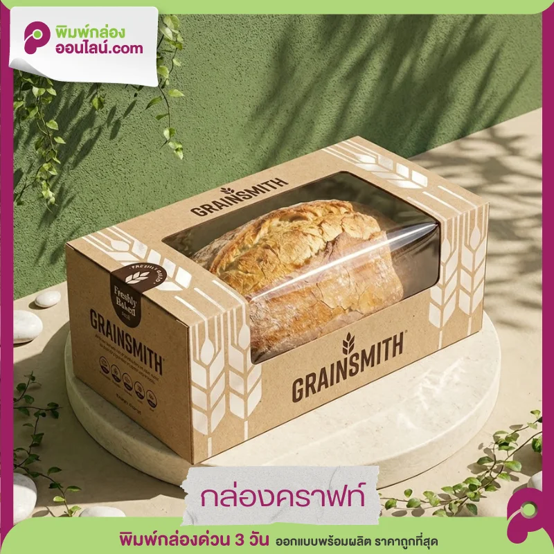 กล่องกระดาษคราฟท์ใส่ขนมปัง GRAINSMITH กระดาษคราฟท์ เจาะหน้าต่างใสโชว์เนื้อขนมปังอบสดใหม่