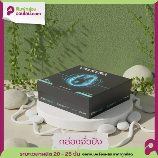 กล่องจั่งปัง Gaming จากแบรนด์ VALKYRA สีดำ ดีไซน์ล้ำสมัย พร้อมภาพกราฟิกวงกลมแสงสีฟ้า และระบุคุณสมบัติสำคัญ "2250 DPI SENSOR"