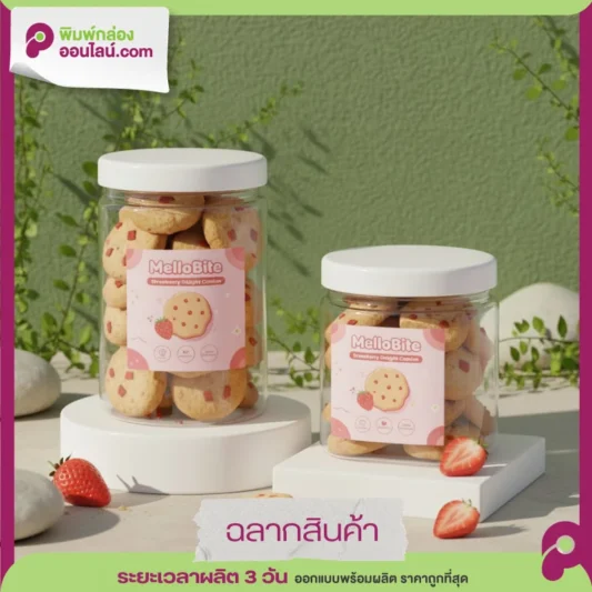 สติกเกอร์ฉลากสีชมพูอ่อนมีโลโก้ MelloBite, รูปสตรอว์เบอร์รี, และไอคอนรับรองคุณภาพ เช่น Non-GMO และ Vegan