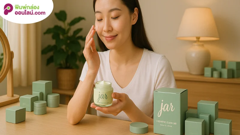ผู้หญิงกำลังทาครีมหน้า พร้อมกล่องบรรจุภัณฑ์ครีมสีเขียว ดีไซน์สวย สะท้อนภาพลักษณ์แบรนด์ธรรมชาติ