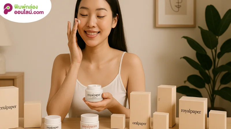 หญิงสาวกำลังทาครีมบำรุงผิวหน้า พร้อมกล่องบรรจุภัณฑ์ครีมแบรนด์ แบบเรียบหรู สื่อถึงคุณภาพสินค้า